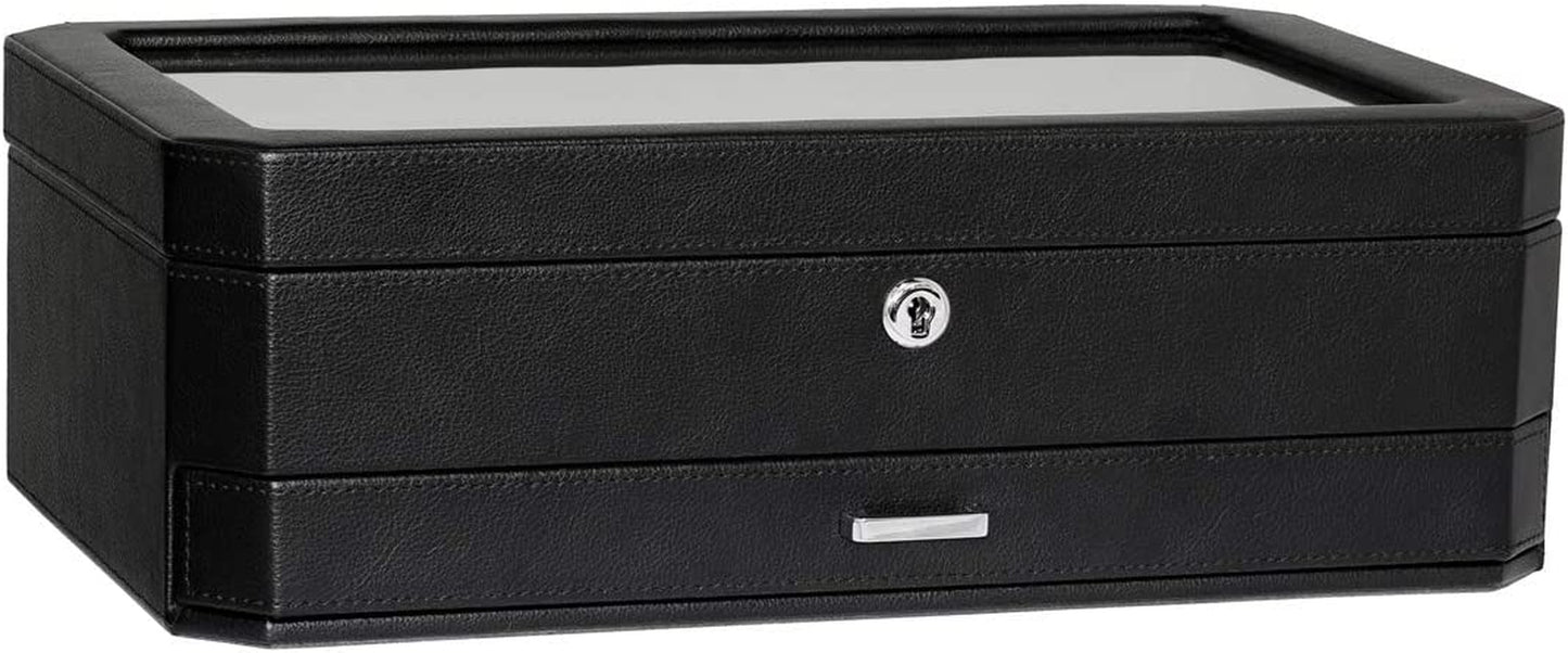 12 Slot Leather Watch Box with Valet Drawer - 12 Slot Luxury Watch Case Display Organizer, Microsuede Liner, Mens Accessories Holder, Jewelry Case, Jewelry Display Organizer (Black/Red)