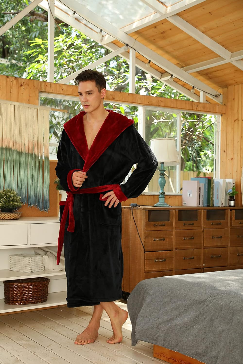 Mens Hooded Robe, Plush Robes for Men Long Fleece Bathrobe