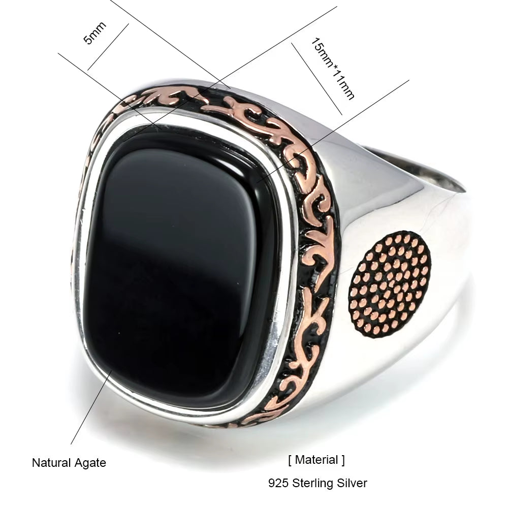 Real Pure Mens Rings Silver S925 Retro Vintage Turkish Rings for Men with Natural Black Onyx Stones Turkey Jewelry