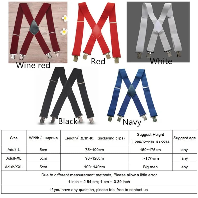 Plus Size 50Mm Wide Men Suspenders High Elastic Adjustable 4 Strong Clips Suspender Heavy Duty X Back Trousers Braces 5 Colors