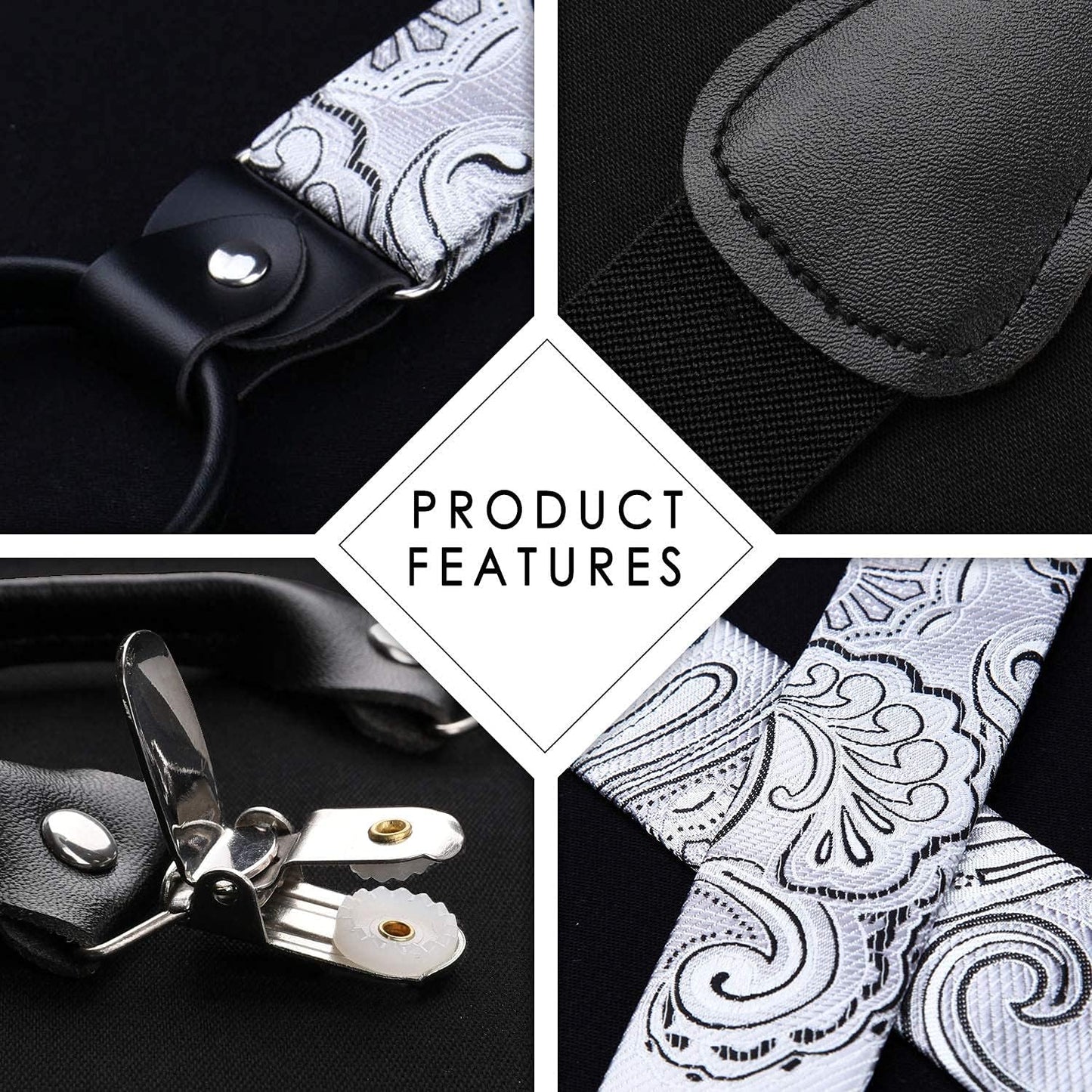 Suspenders for Men Paisley Floral Self Tied Bow Tie and Suspender Pocket Square Sets Adjustable Wedding Braces