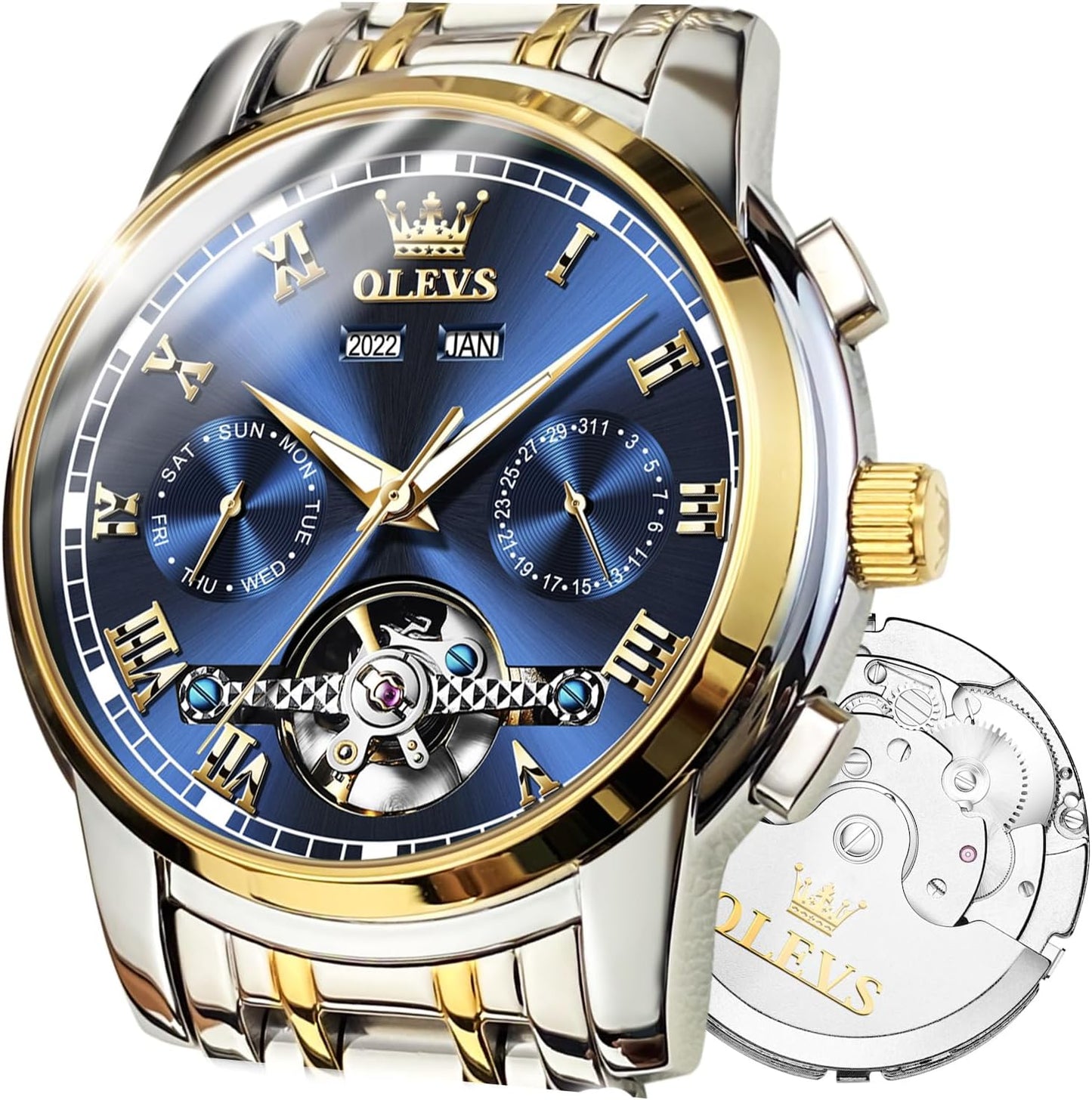 Automatic Watch(No Battery Required) Men'S Wrist Watches Self-Wind Mechanical Watches Fashion Classic Tourbillon Skeleton Watch Black Blue Green Face,Adjustable Bracelet (Gift Tool)