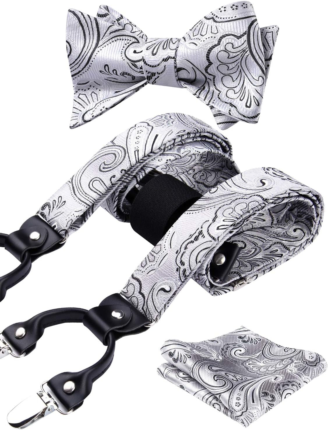 Suspenders for Men Paisley Floral Self Tied Bow Tie and Suspender Pocket Square Sets Adjustable Wedding Braces