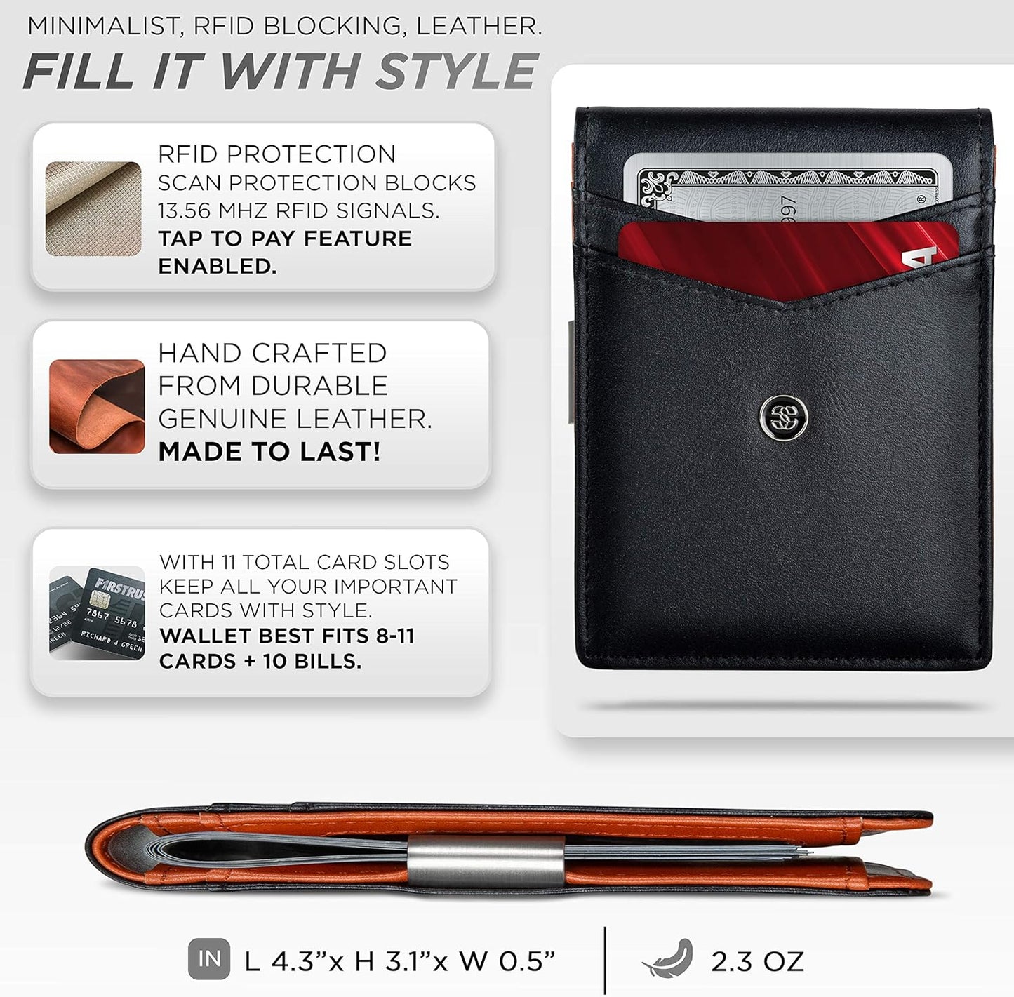 Leather Slim Wallets for Men. Wallet Card Holder with Money Clip. Low Profile RFID Wallet Minimalist Wallet