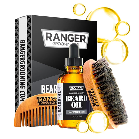 Beard Kit by Ranger Grooming Company by , 100% Organic Natural Fragrance Free Unscented Beard Oil, Boar Bristle Beard Brush, Natural Wood Comb Beard Care Starter Set for Men