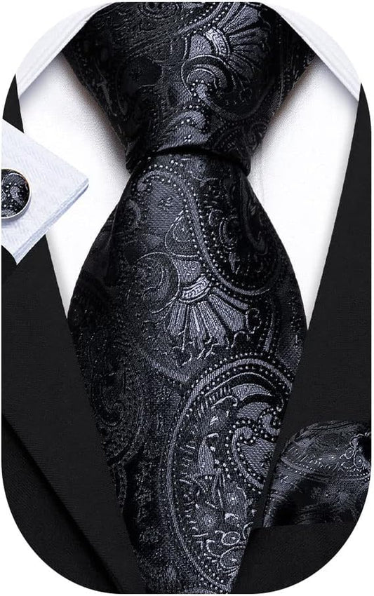 Paisley Tie Fashion Set Hanky Cufflinks Neckties for Men Woven Silk