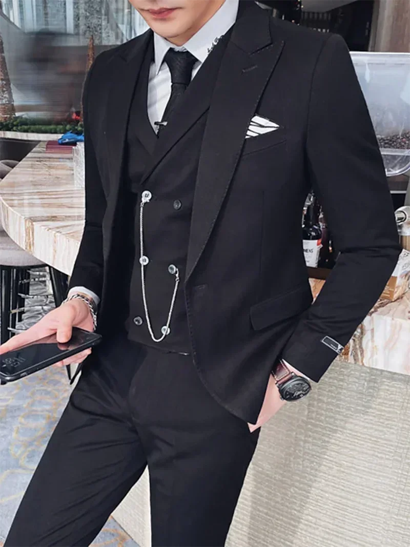 Men Business Casual Suit Set  Groom Tuxedos Party Suit 3 Piece （Blazer+Vest+Pants）Slim Fit  Handmade Coat Costume Homme