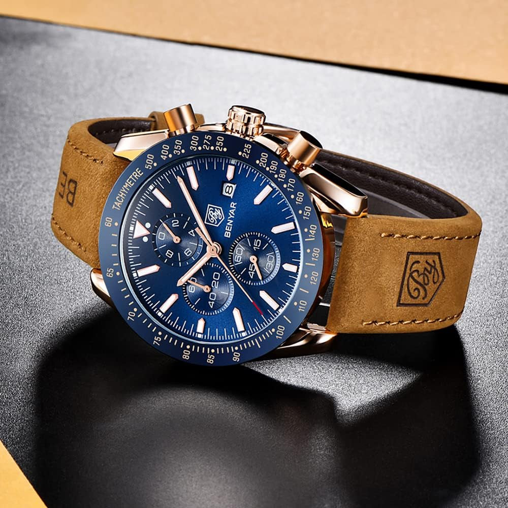 BENYAR Mens Watches Quartz Chronograph Business Luxury Brand Waterproof Wristwatches Fashion Brown Leather Watches for Men