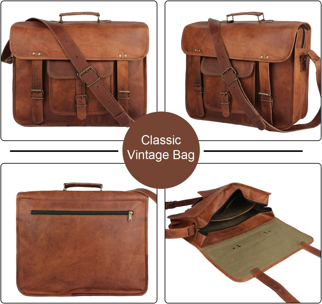 16" Handmade Leather Travel Messenger Office Crossbody Bag Laptop Briefcase College Satchel Computer Best Bag for Men and Women Brown