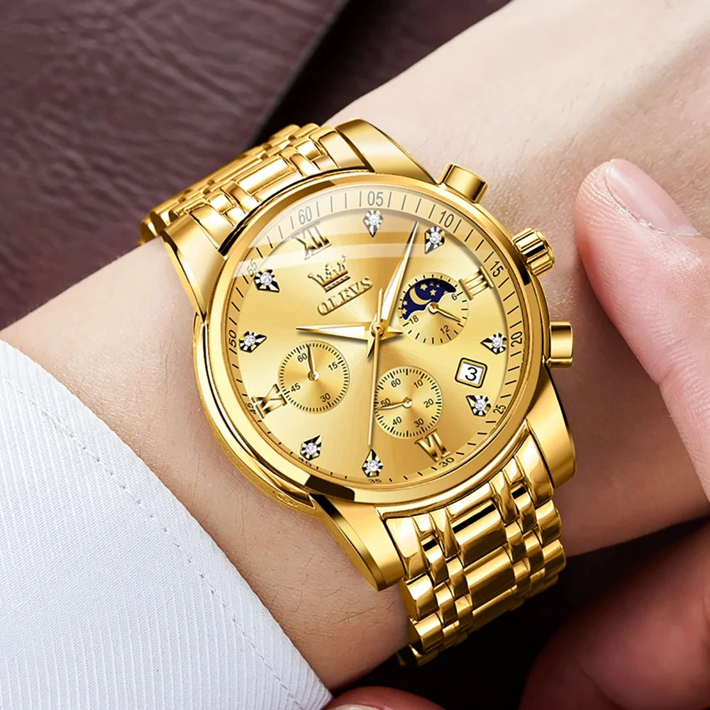 Watches for Men, Mens Watches Gifts for Men Chronograph Analog Quartz Luxury Casual Classic Diamond Waterproof Luminous Gold Stainless Steel Reloj Para Hombre