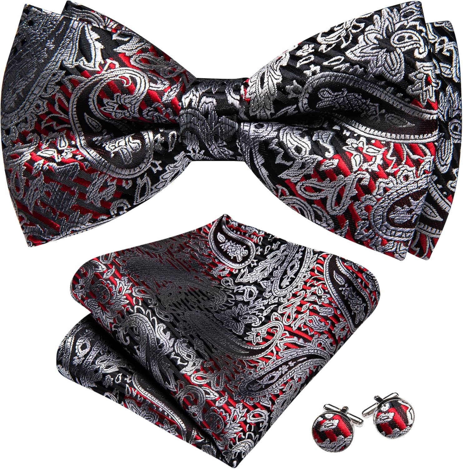 Paisley Striped Bow Tie for Men Silk Pre-Tied Bowtie Pocket Square Cufflinks Set Formal Wedding Party Prom
