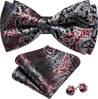 Paisley Striped Bow Tie for Men Silk Pre-Tied Bowtie Pocket Square Cufflinks Set Formal Wedding Party Prom