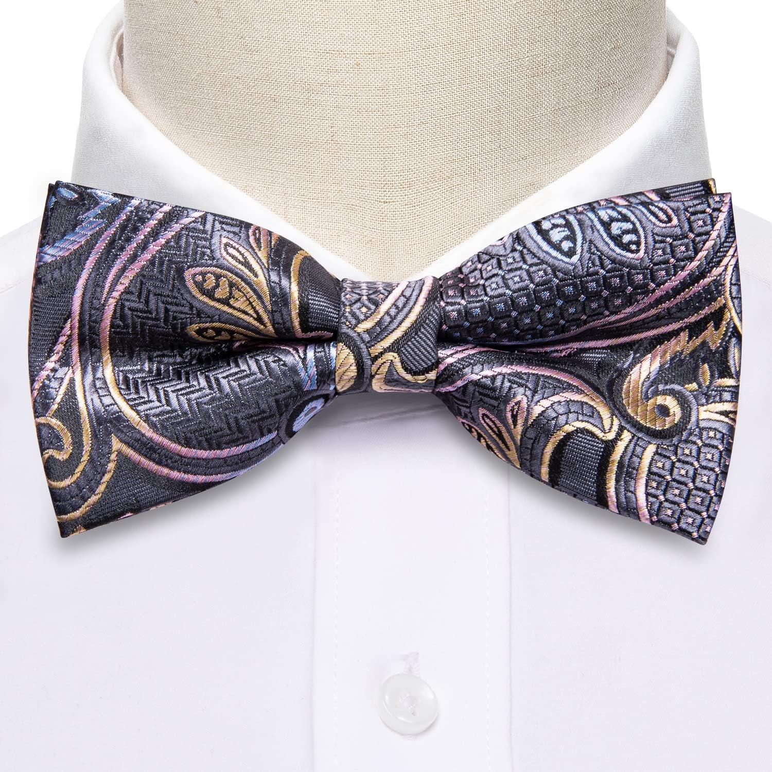 Paisley Striped Bow Tie for Men Silk Pre-Tied Bowtie Pocket Square Cufflinks Set Formal Wedding Party Prom