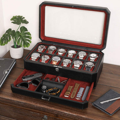 12 Slot Leather Watch Box with Valet Drawer - 12 Slot Luxury Watch Case Display Organizer, Microsuede Liner, Mens Accessories Holder, Jewelry Case, Jewelry Display Organizer (Black/Red)