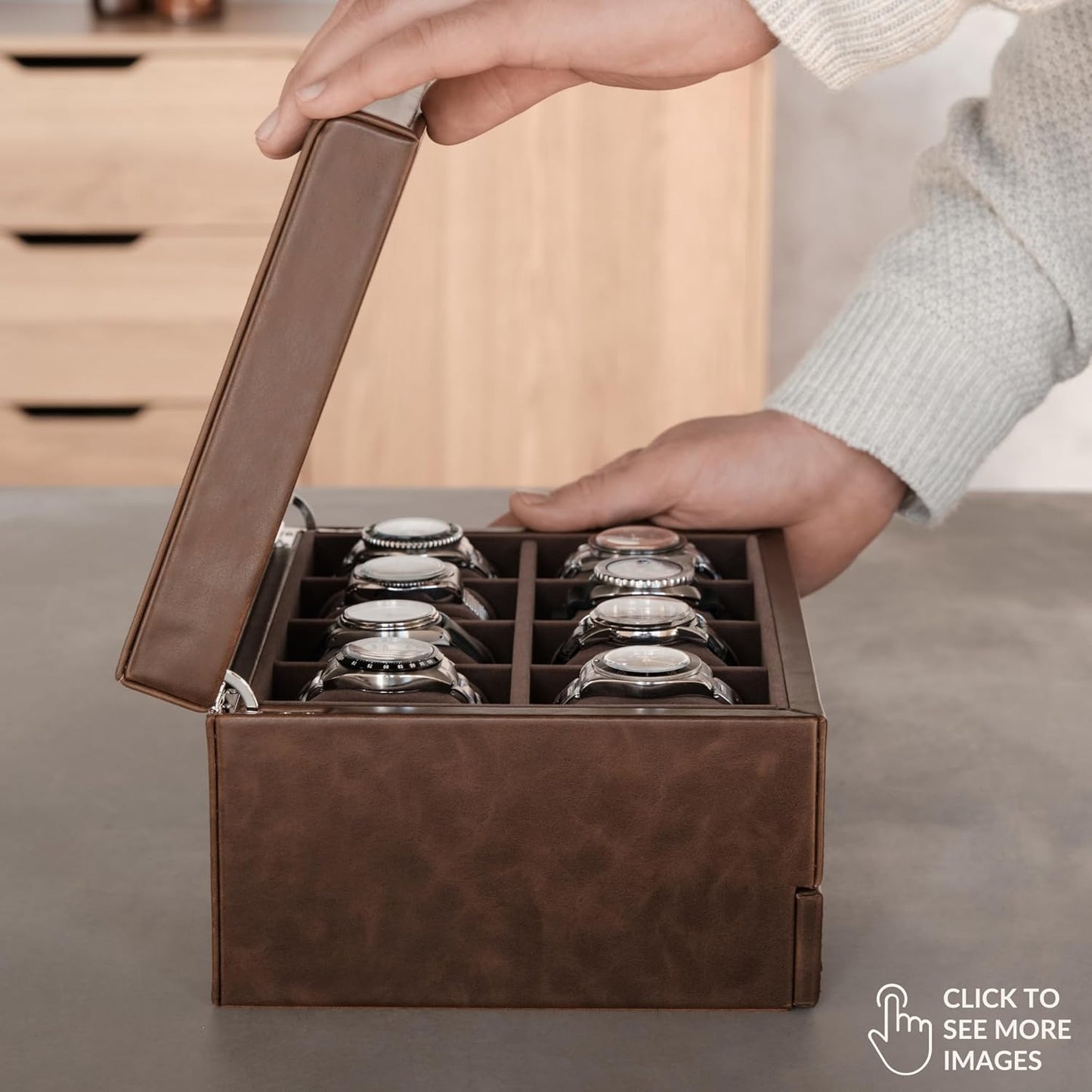 8 Slot Watch Box with Storage Drawer – Premium Watch Storage Case for Men | 2.2-Inch Wide Pillows Hold Small & Ovesized Watches (Brown)