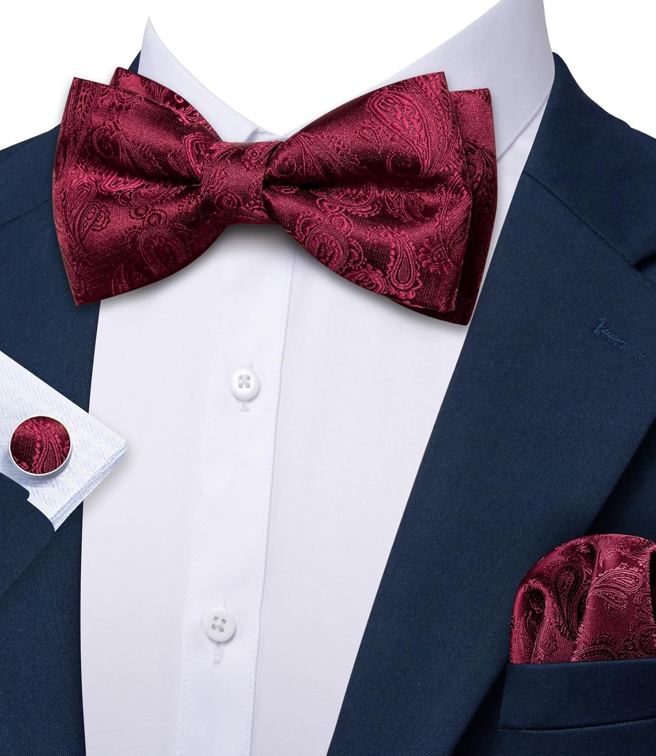 Paisley Striped Bow Tie for Men Silk Pre-Tied Bowtie Pocket Square Cufflinks Set Formal Wedding Party Prom