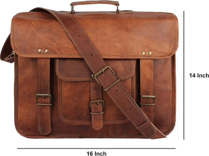 16" Handmade Leather Travel Messenger Office Crossbody Bag Laptop Briefcase College Satchel Computer Best Bag for Men and Women Brown