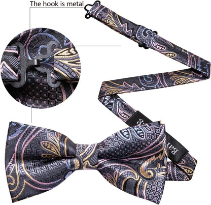 Paisley Striped Bow Tie for Men Silk Pre-Tied Bowtie Pocket Square Cufflinks Set Formal Wedding Party Prom