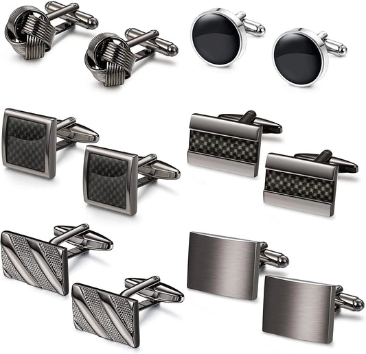6 Pairs Cufflinks for Men Classic Cuff Links Mens Cufflinks Tuxedo Shirt Cufflinks for Wedding Groom Business Silver Black Cufflinks Set Father'S Gift