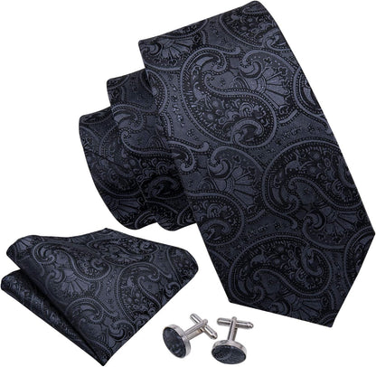 Paisley Tie Fashion Set Hanky Cufflinks Neckties for Men Woven Silk