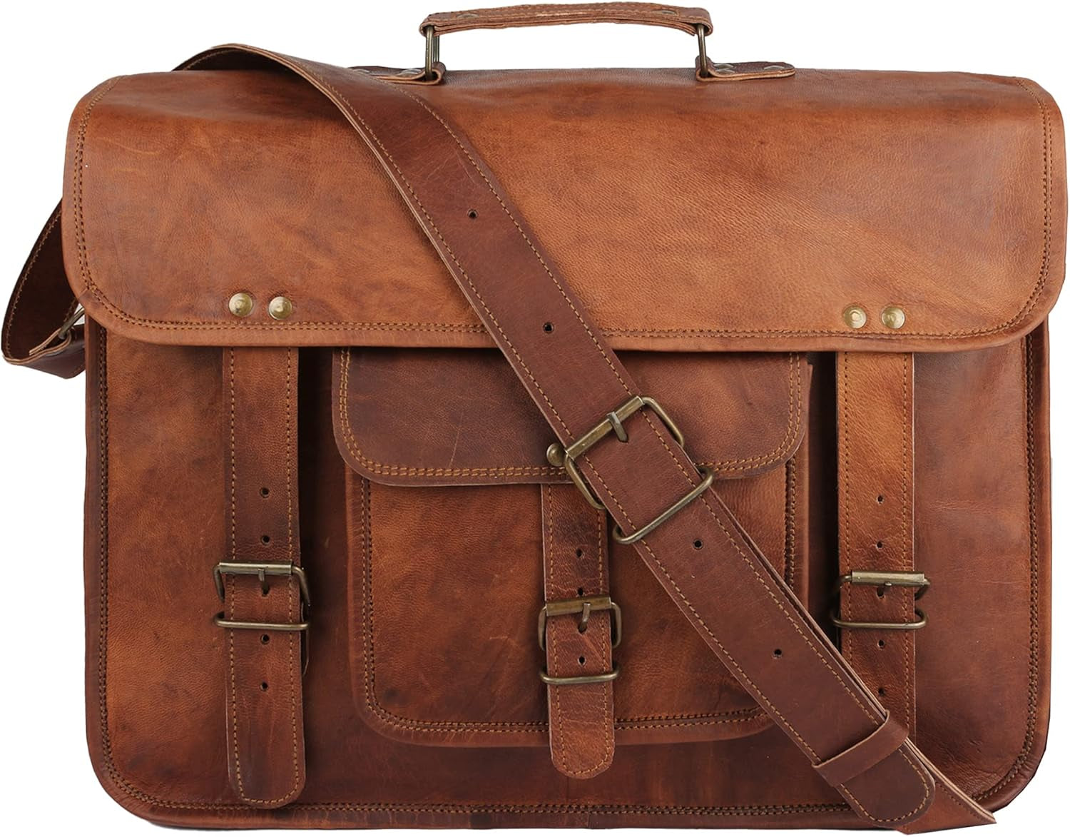 16" Handmade Leather Travel Messenger Office Crossbody Bag Laptop Briefcase College Satchel Computer Best Bag for Men and Women Brown