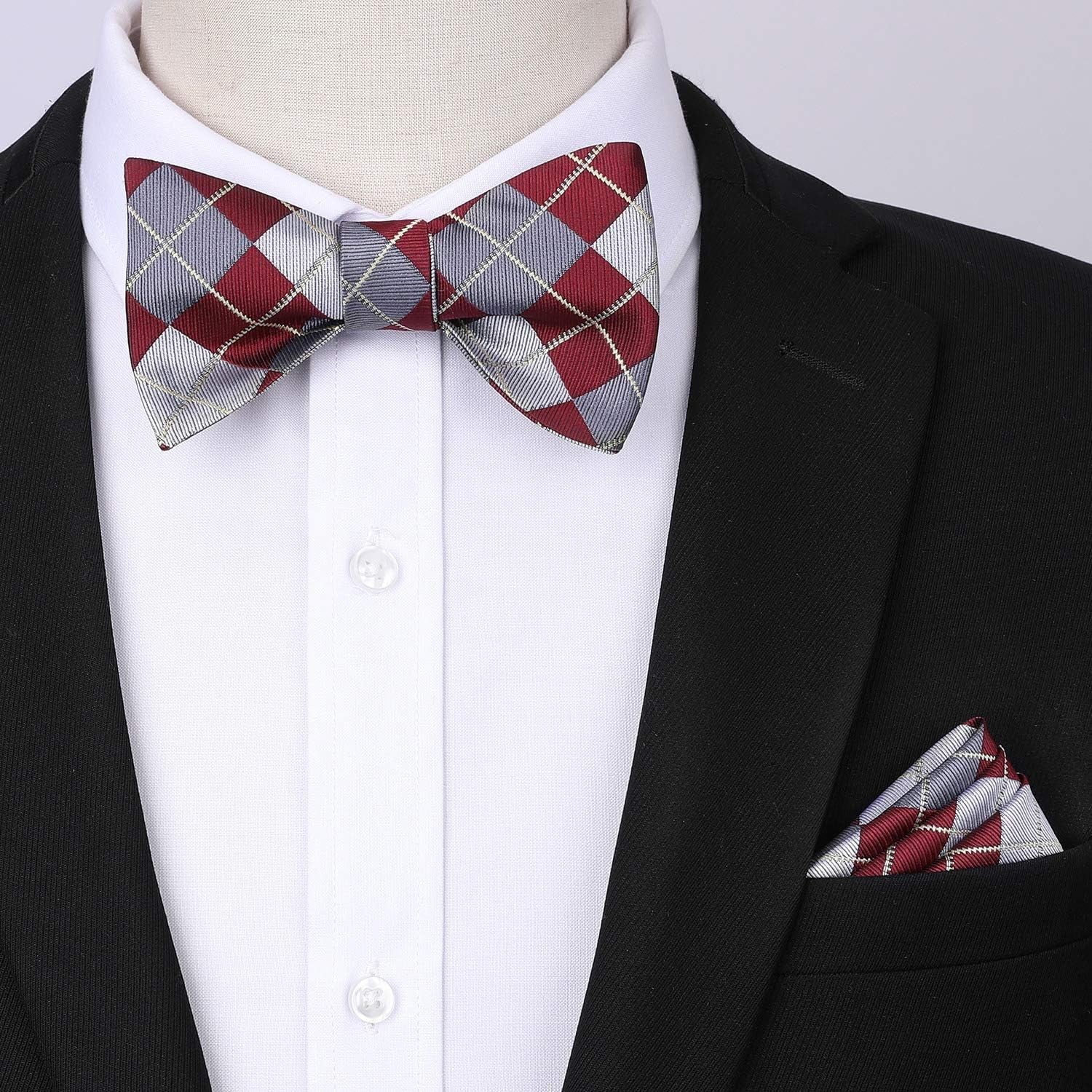 Bow Tie and Suspenders for Men Plaid Suspender Self Bowtie Pocket Square Adjustable Y Shape Mens Trouser Braces
