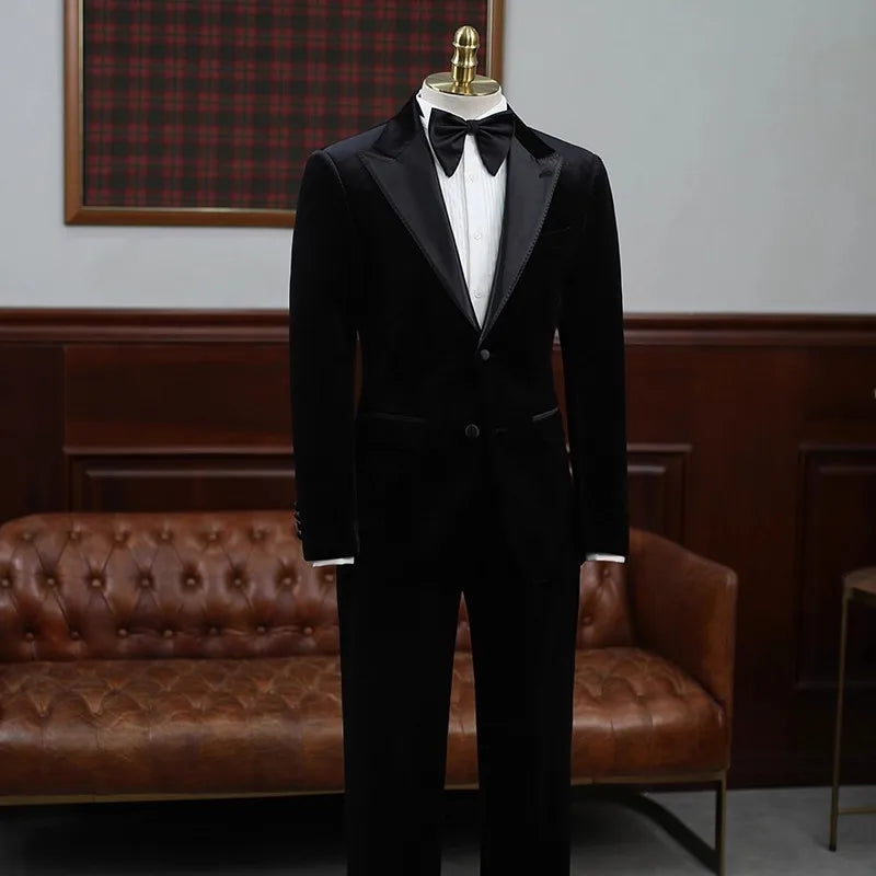 Business Formal Mens Luxury Velvet Suits Sets Slim Fit Elegant Fashion Banquet Groom Black Dress Blazers Pants Two Piece Set