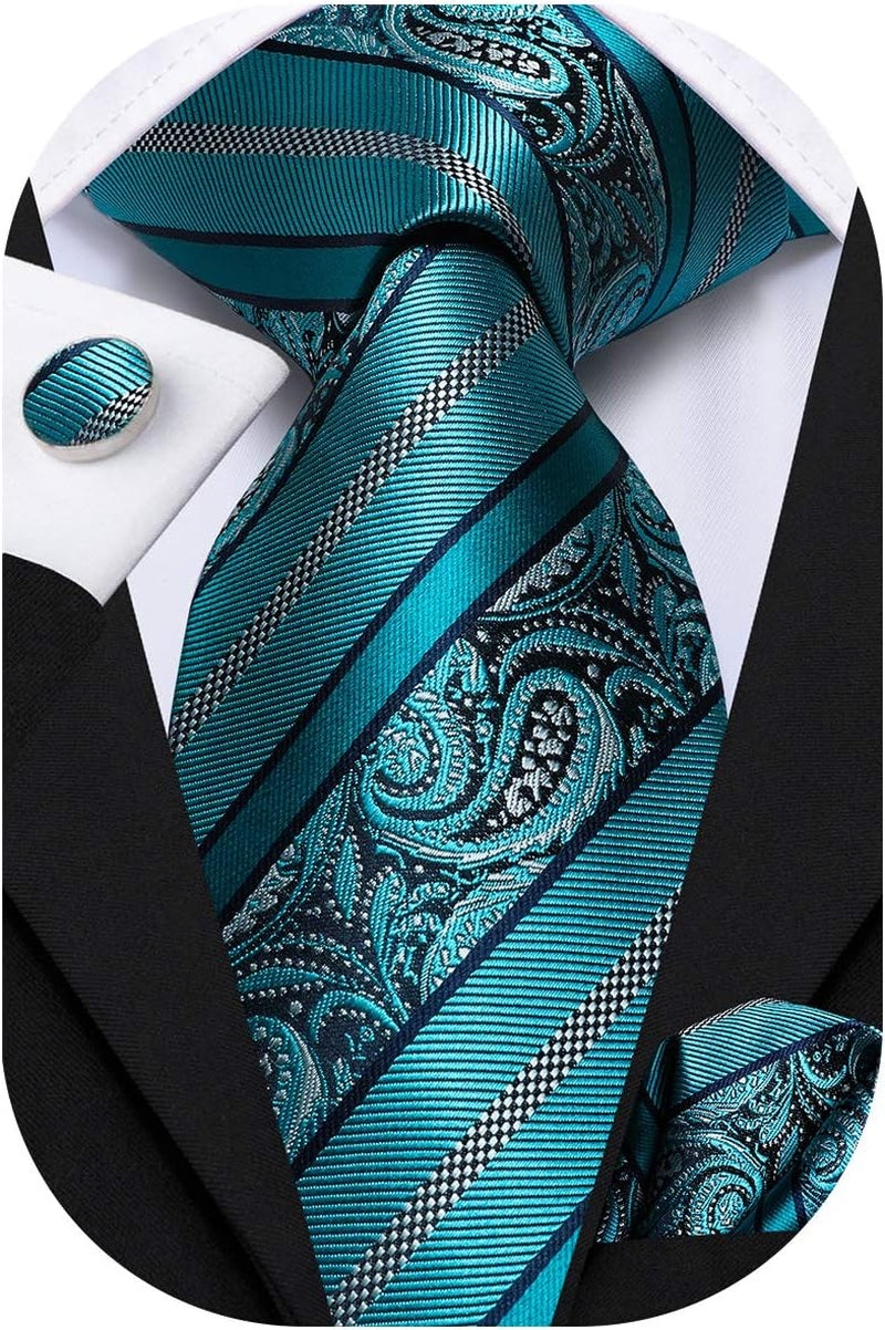Men Ties Sets Silk Stripe Paisley Necktie Pocket Square Cufflinks for Business Wedding