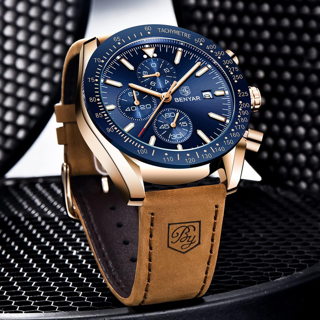 BENYAR Mens Watches Quartz Chronograph Business Luxury Brand Waterproof Wristwatches Fashion Brown Leather Watches for Men