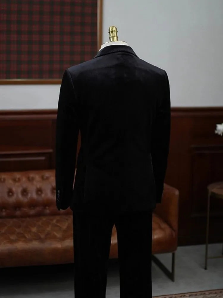 Business Formal Mens Luxury Velvet Suits Sets Slim Fit Elegant Fashion Banquet Groom Black Dress Blazers Pants Two Piece Set