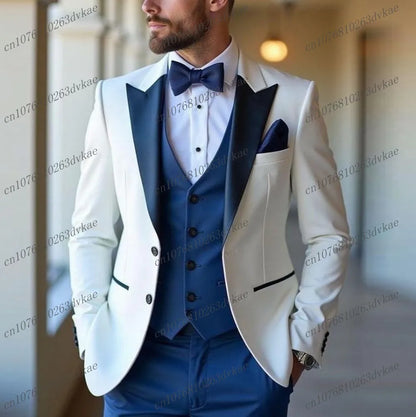 White And Blue Business Tuxedos Formal Occasion Groom Groomsman Wedding Party Prom Suit  Male 3 Piece Set Blazer Vest Pants