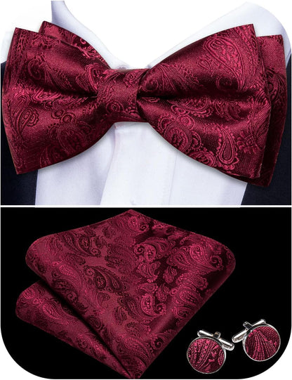 Paisley Striped Bow Tie for Men Silk Pre-Tied Bowtie Pocket Square Cufflinks Set Formal Wedding Party Prom