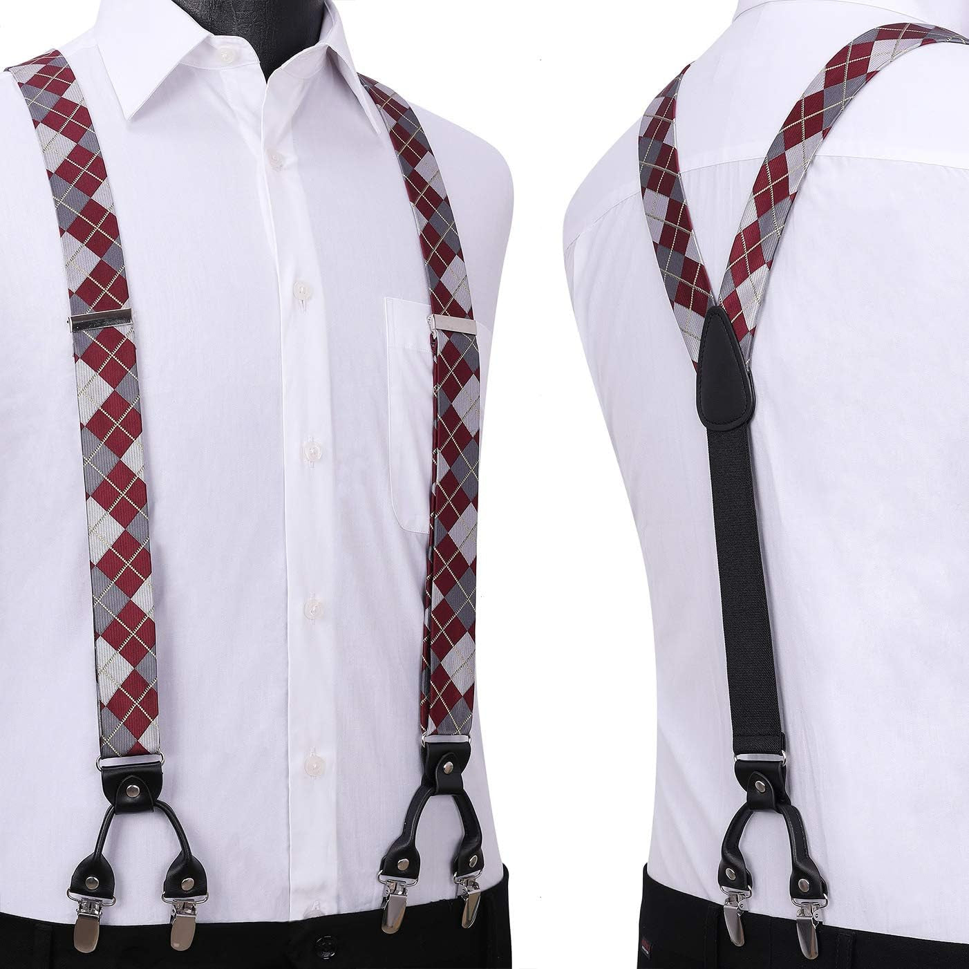 Bow Tie and Suspenders for Men Plaid Suspender Self Bowtie Pocket Square Adjustable Y Shape Mens Trouser Braces