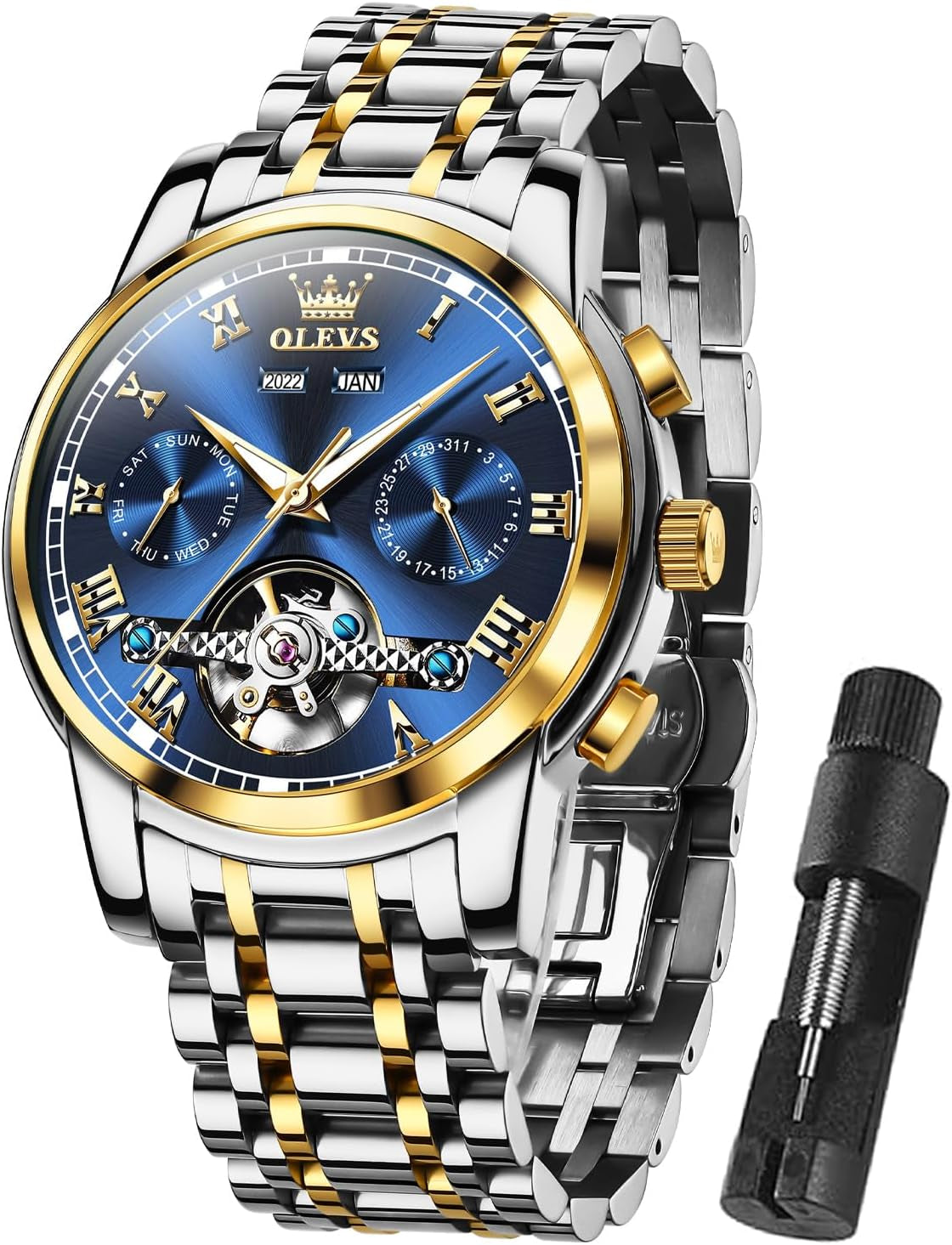Automatic Watch(No Battery Required) Men'S Wrist Watches Self-Wind Mechanical Watches Fashion Classic Tourbillon Skeleton Watch Black Blue Green Face,Adjustable Bracelet (Gift Tool)