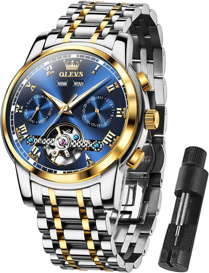 Automatic Watch(No Battery Required) Men'S Wrist Watches Self-Wind Mechanical Watches Fashion Classic Tourbillon Skeleton Watch Black Blue Green Face,Adjustable Bracelet (Gift Tool)