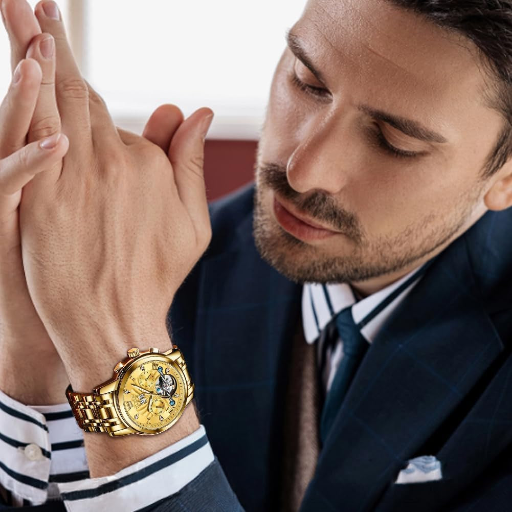 Self Winding Watches for Men Tourbillon Automatic Mechanics Luxury Dress Stainless Steel Strap Luminous Waterproof Men Wrist Watches