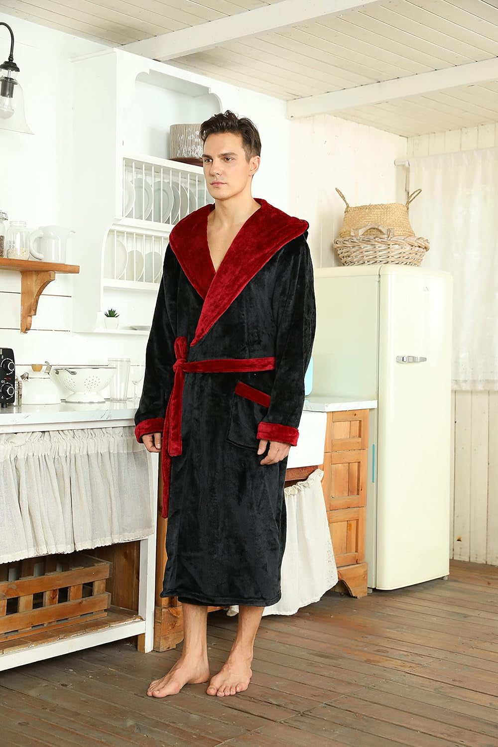 Mens Hooded Robe, Plush Robes for Men Long Fleece Bathrobe