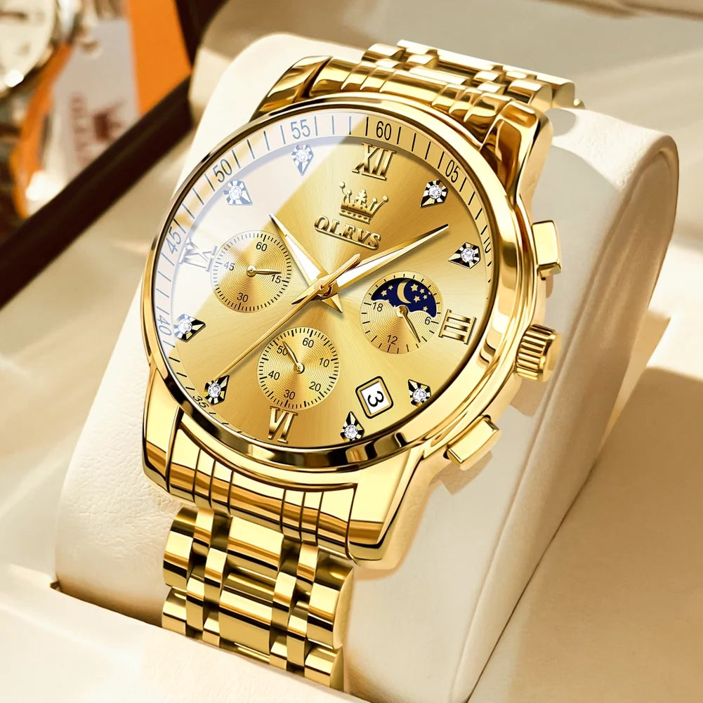 Watches for Men, Mens Watches Gifts for Men Chronograph Analog Quartz Luxury Casual Classic Diamond Waterproof Luminous Gold Stainless Steel Reloj Para Hombre