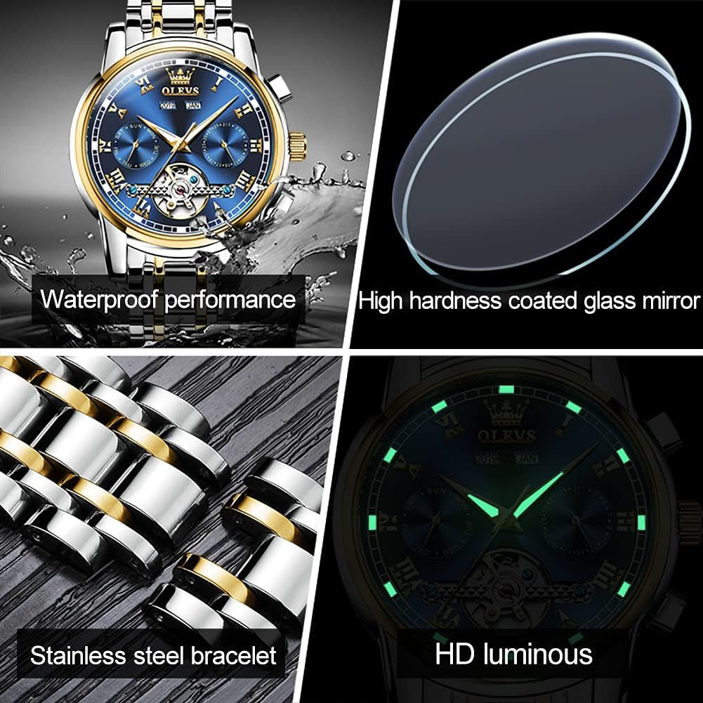 Automatic Watch(No Battery Required) Men'S Wrist Watches Self-Wind Mechanical Watches Fashion Classic Tourbillon Skeleton Watch Black Blue Green Face,Adjustable Bracelet (Gift Tool)