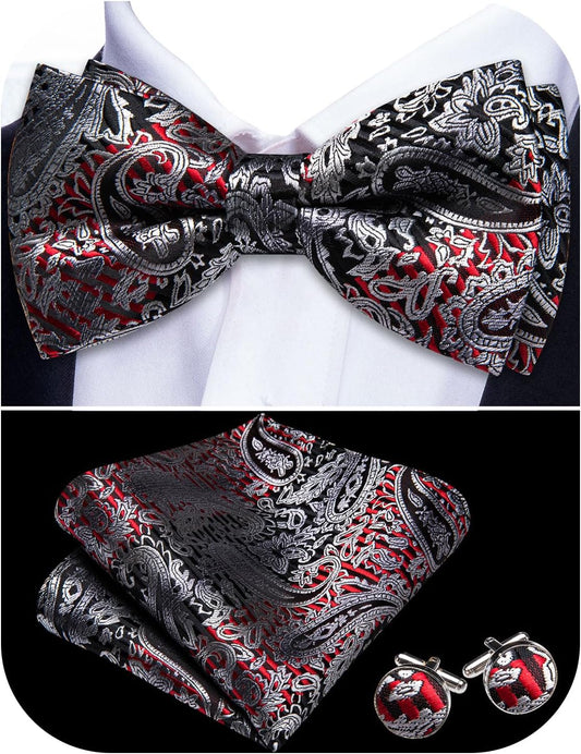 Paisley Striped Bow Tie for Men Silk Pre-Tied Bowtie Pocket Square Cufflinks Set Formal Wedding Party Prom