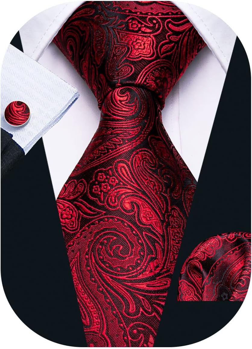Men Ties Paisley Woven Silk Necktie Set with Pocket Suqare Cufflinks Formal