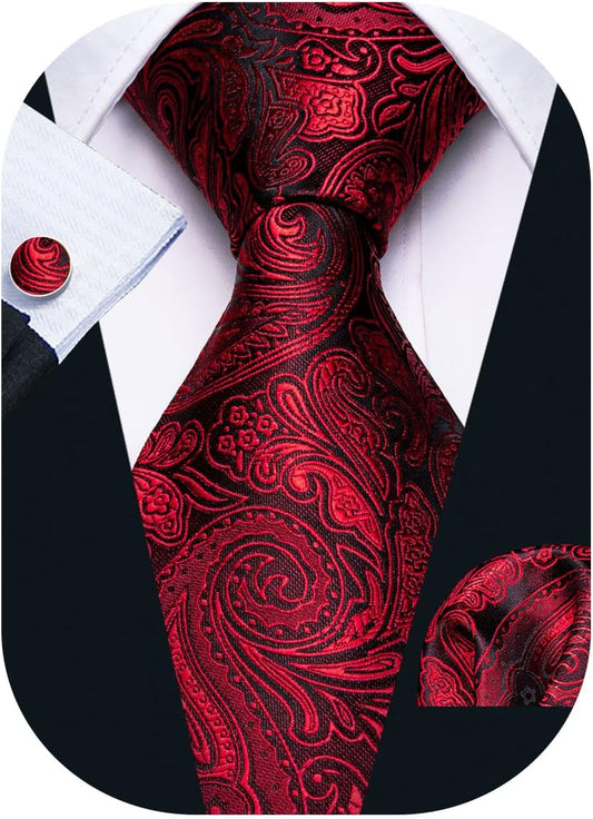 Men Ties Paisley Woven Silk Necktie Set with Pocket Suqare Cufflinks Formal