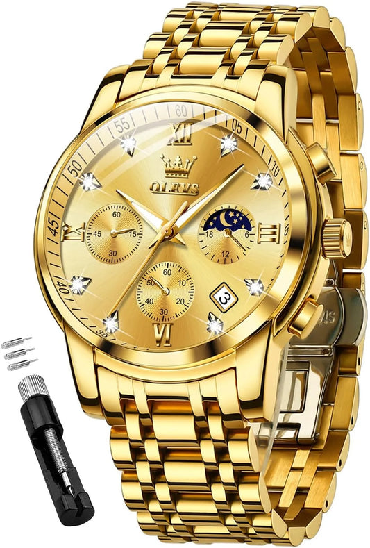 Watches for Men, Mens Watches Gifts for Men Chronograph Analog Quartz Luxury Casual Classic Diamond Waterproof Luminous Gold Stainless Steel Reloj Para Hombre