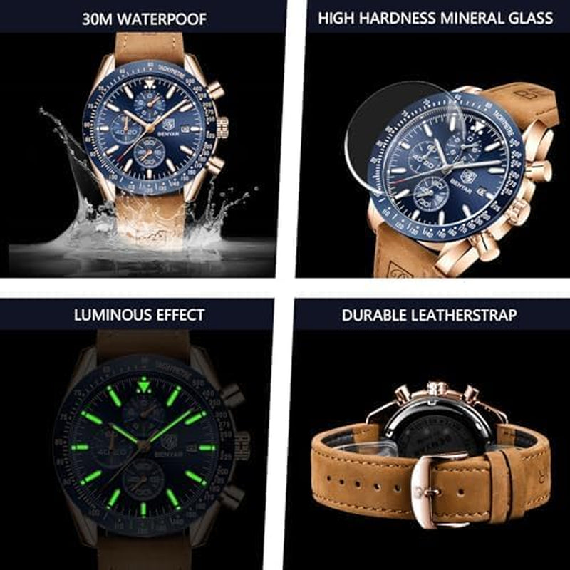 BENYAR Mens Watches Quartz Chronograph Business Luxury Brand Waterproof Wristwatches Fashion Brown Leather Watches for Men