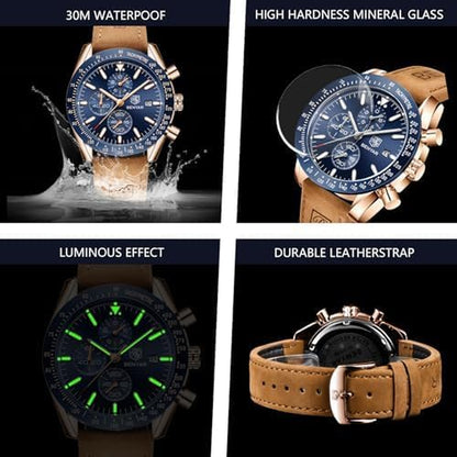 BENYAR Mens Watches Quartz Chronograph Business Luxury Brand Waterproof Wristwatches Fashion Brown Leather Watches for Men