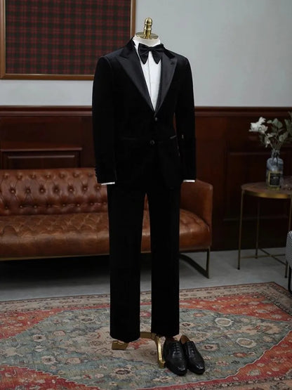 Business Formal Mens Luxury Velvet Suits Sets Slim Fit Elegant Fashion Banquet Groom Black Dress Blazers Pants Two Piece Set