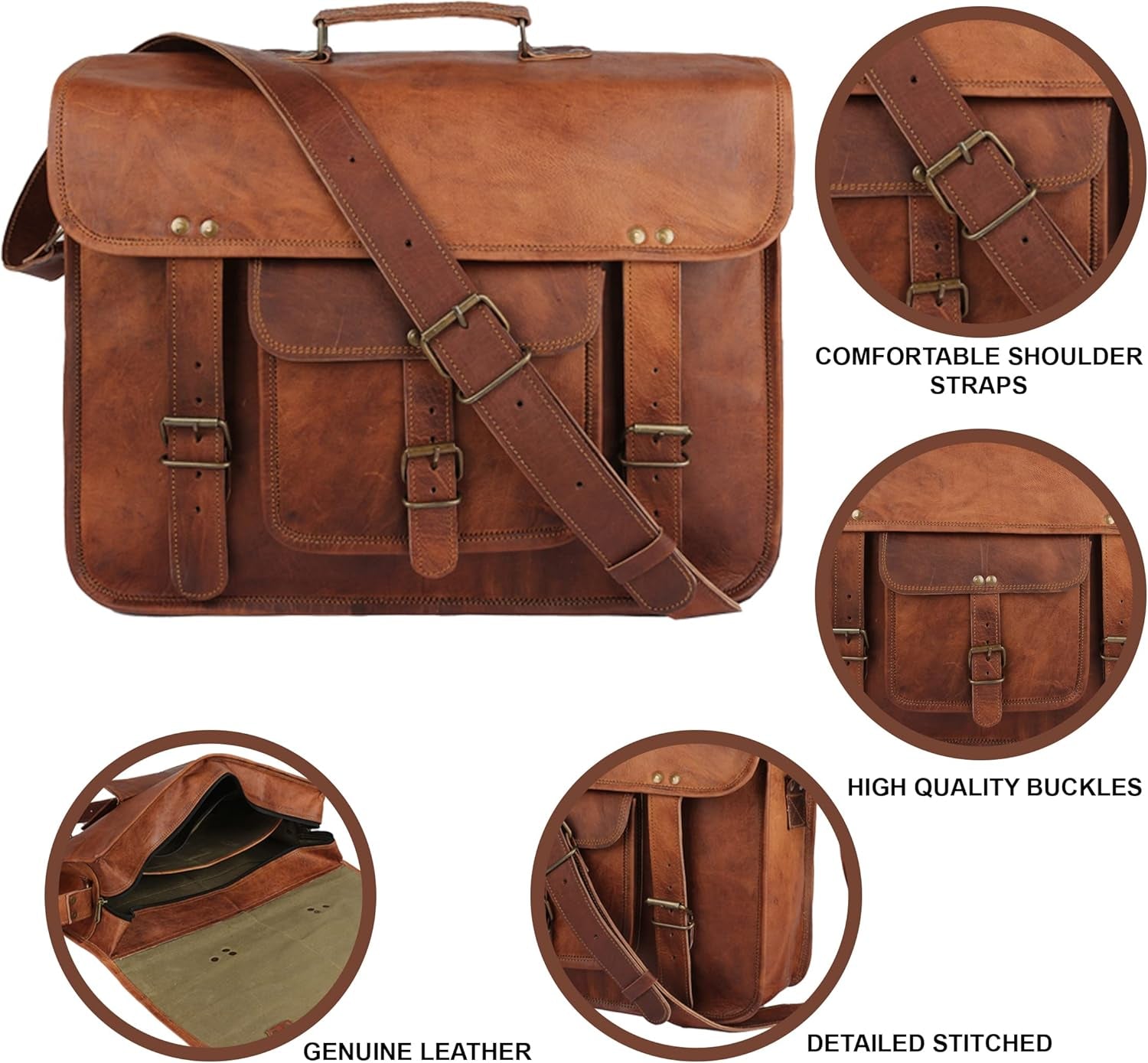 16" Handmade Leather Travel Messenger Office Crossbody Bag Laptop Briefcase College Satchel Computer Best Bag for Men and Women Brown