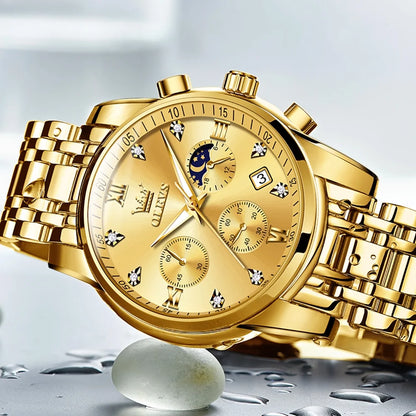 Watches for Men, Mens Watches Gifts for Men Chronograph Analog Quartz Luxury Casual Classic Diamond Waterproof Luminous Gold Stainless Steel Reloj Para Hombre