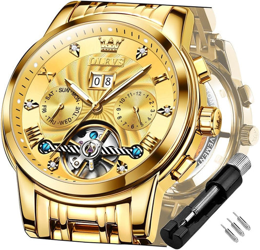 Self Winding Watches for Men Tourbillon Automatic Mechanics Luxury Dress Stainless Steel Strap Luminous Waterproof Men Wrist Watches