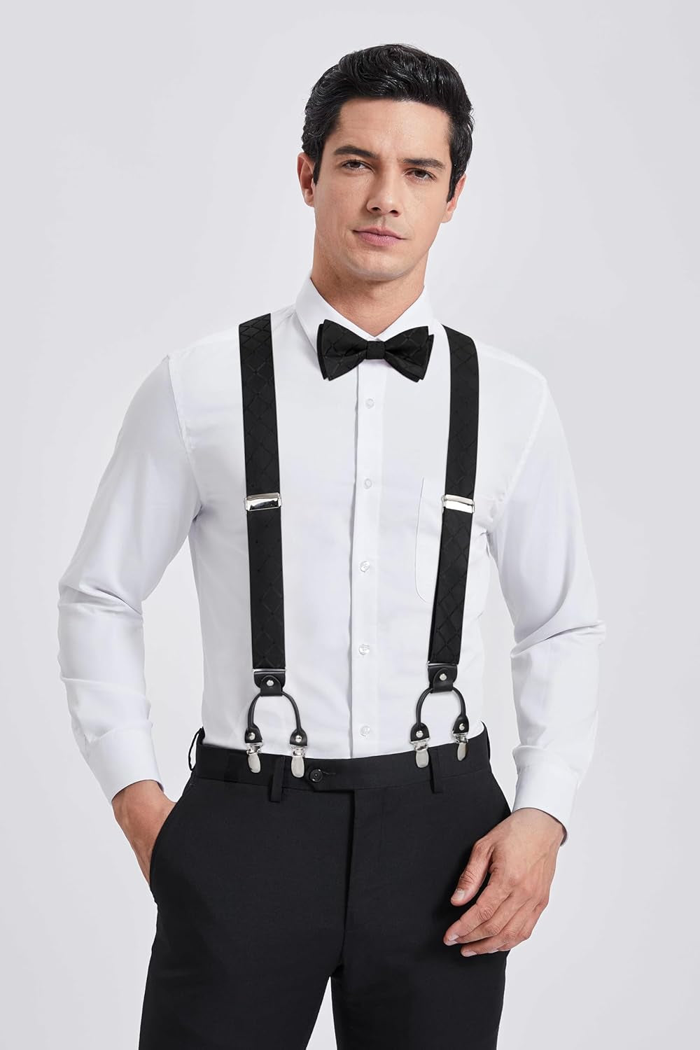 Bow Tie and Suspenders for Men Plaid Suspender Self Bowtie Pocket Square Adjustable Y Shape Mens Trouser Braces